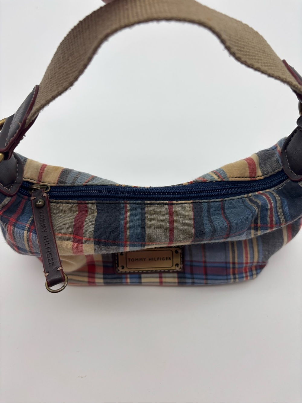 Tommy Hilfiger vintage Y2K era Plaid Canvas mini purse- Navy Red Cream - Picture 5 of 9